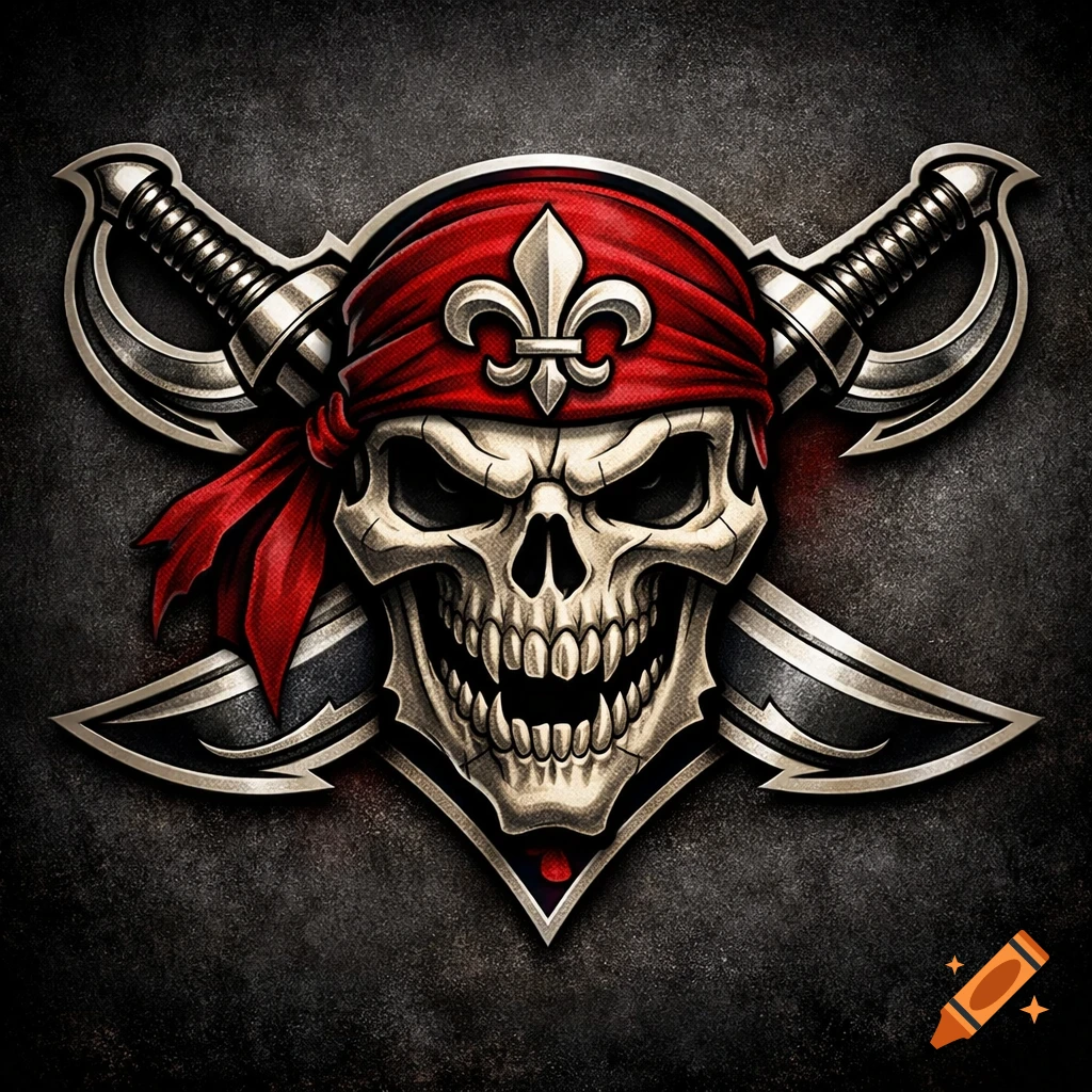 Stylized pirate skull wearing a red bandana with a fleur-de-lis symbol, with crossed sabers behind it, on a dark, gritty background.