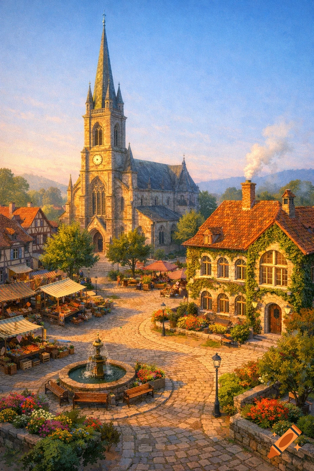 A charming European village square with a grand church, bustling market stalls, and a central fountain, bathed in warm morning light.