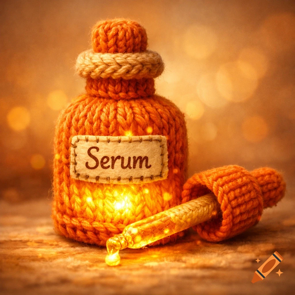 A cozy, knitted orange serum bottle with a glowing liquid and a dropper, on a warm wooden surface.