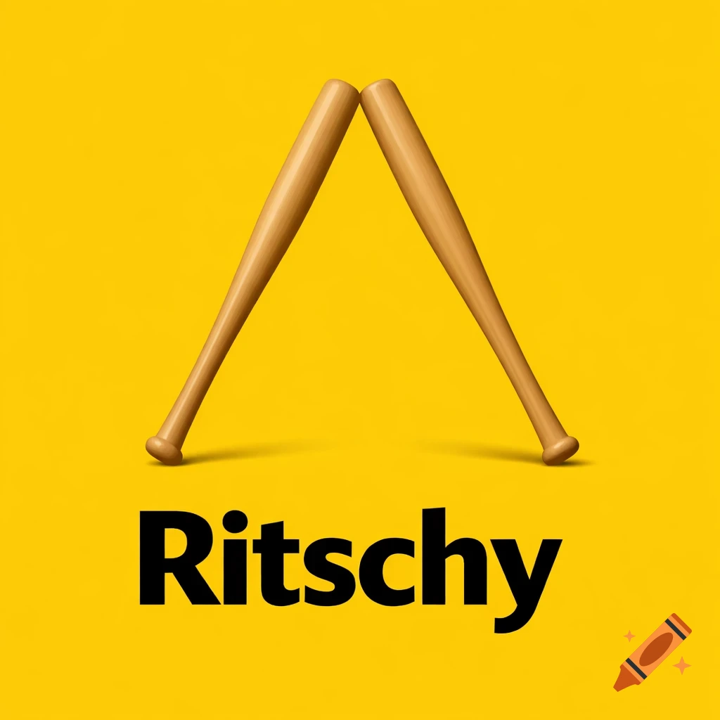Two light brown baseball bats forming an A shape above the black word 'Ritschy' on a yellow background.