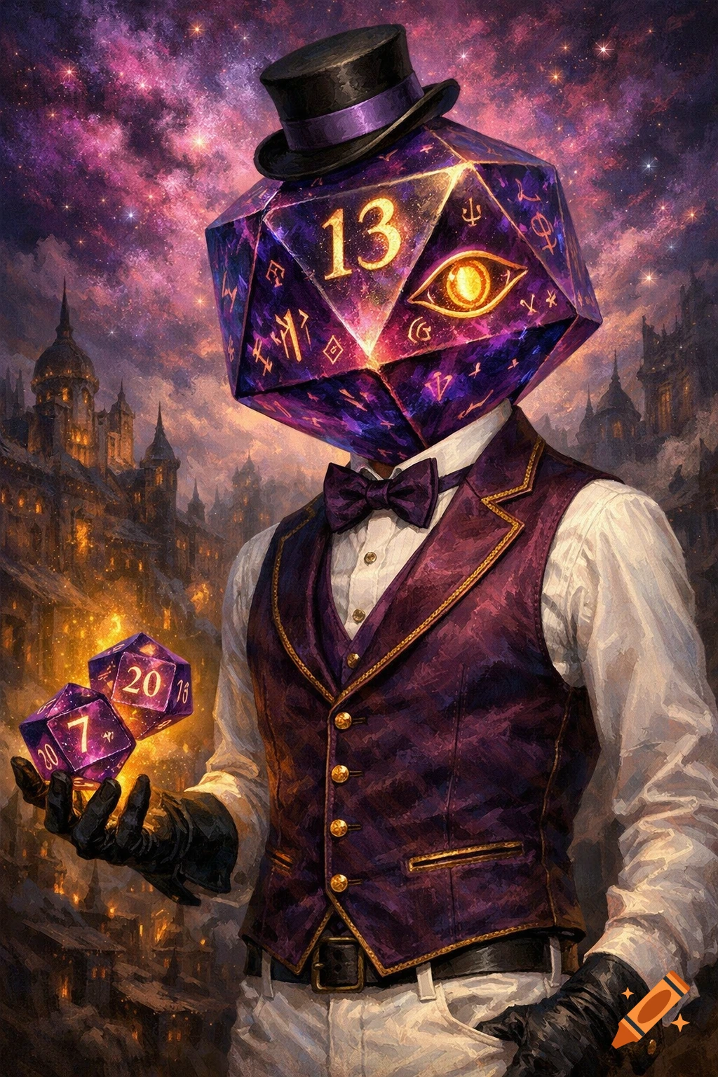 A formal character with a glowing purple D20 die for a head, wearing a top hat and purple waistcoat, holds two glowing D20 dice in a mystical city under a starry galaxy.