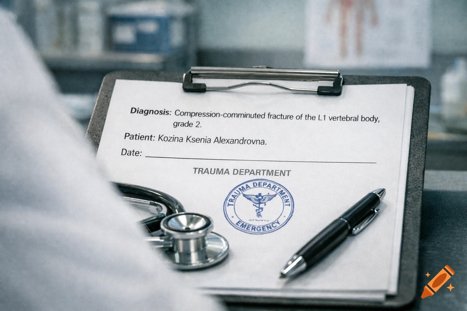 A close-up of a medical diagnosis document on a clipboard, with a stethoscope and pen, and a doctor's white coat in the foreground.