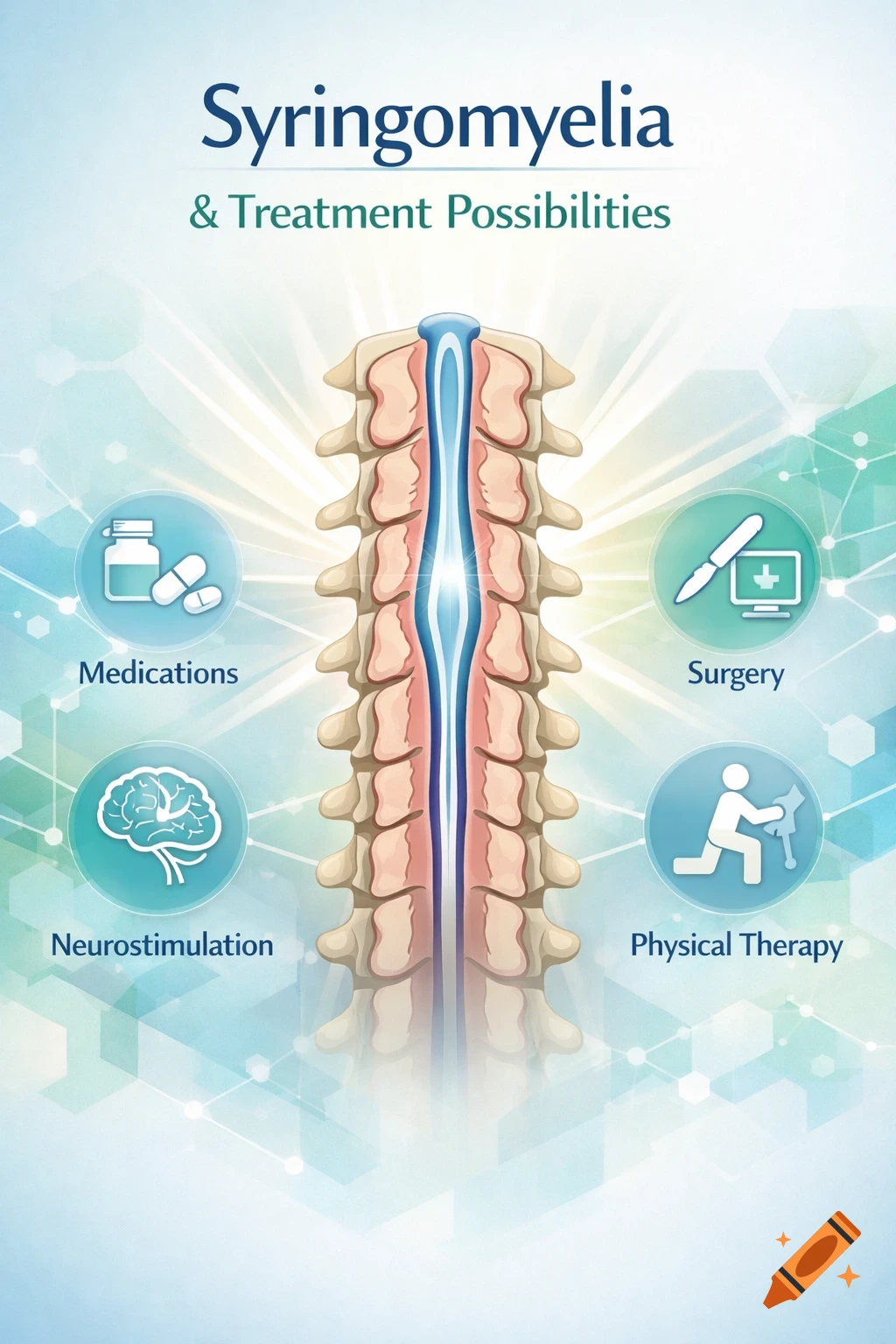 Medical illustration of a human spine and spinal cord, with icons for medications, surgery, neurostimulation, and physical therapy for syringomyelia.
