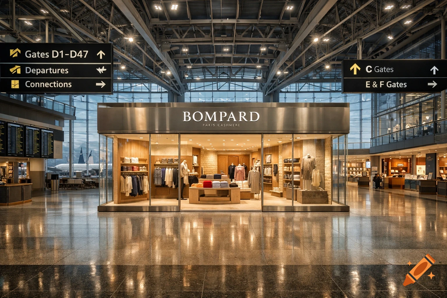 A modern airport terminal with a luxury cashmere clothing store, flight information screens, and planes visible outside.