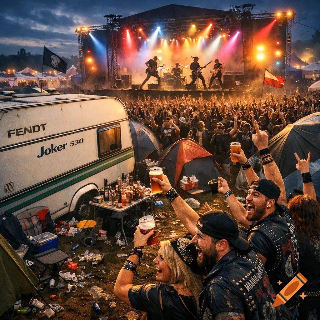A lively outdoor music festival scene with a rock band on stage, a large cheering crowd, and festival-goers camping near a caravan, holding drinks.