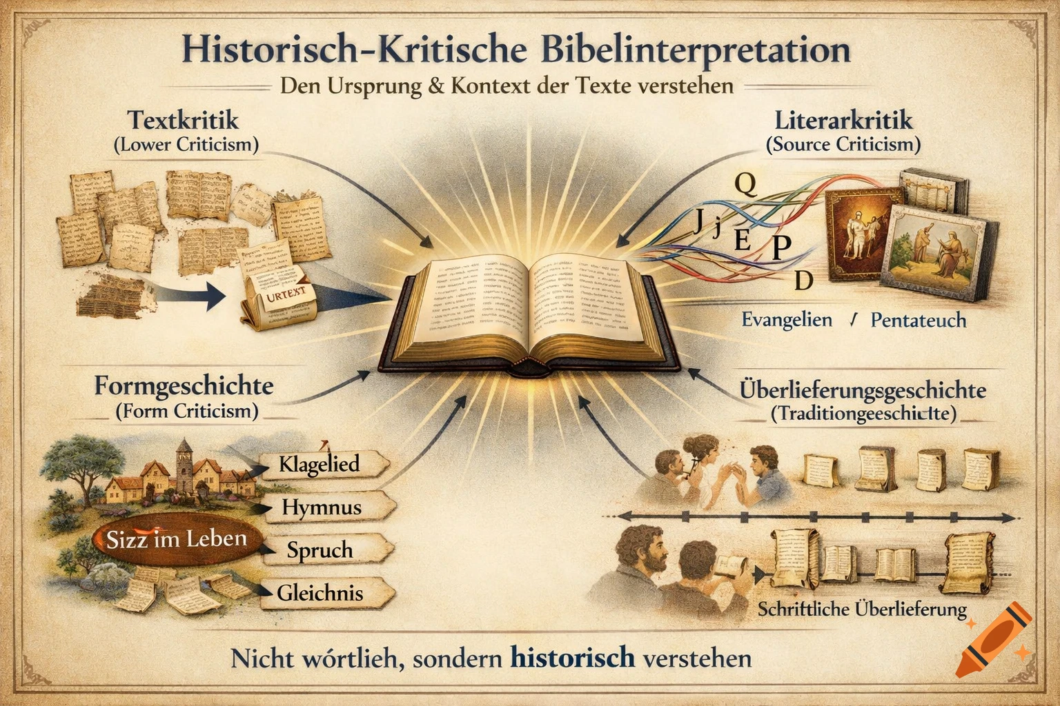 A detailed vintage-style diagram illustrating the historical-critical method of biblical interpretation, featuring an open glowing book, old manuscripts, people, and village scenes, all connected by arrows and labels in German.