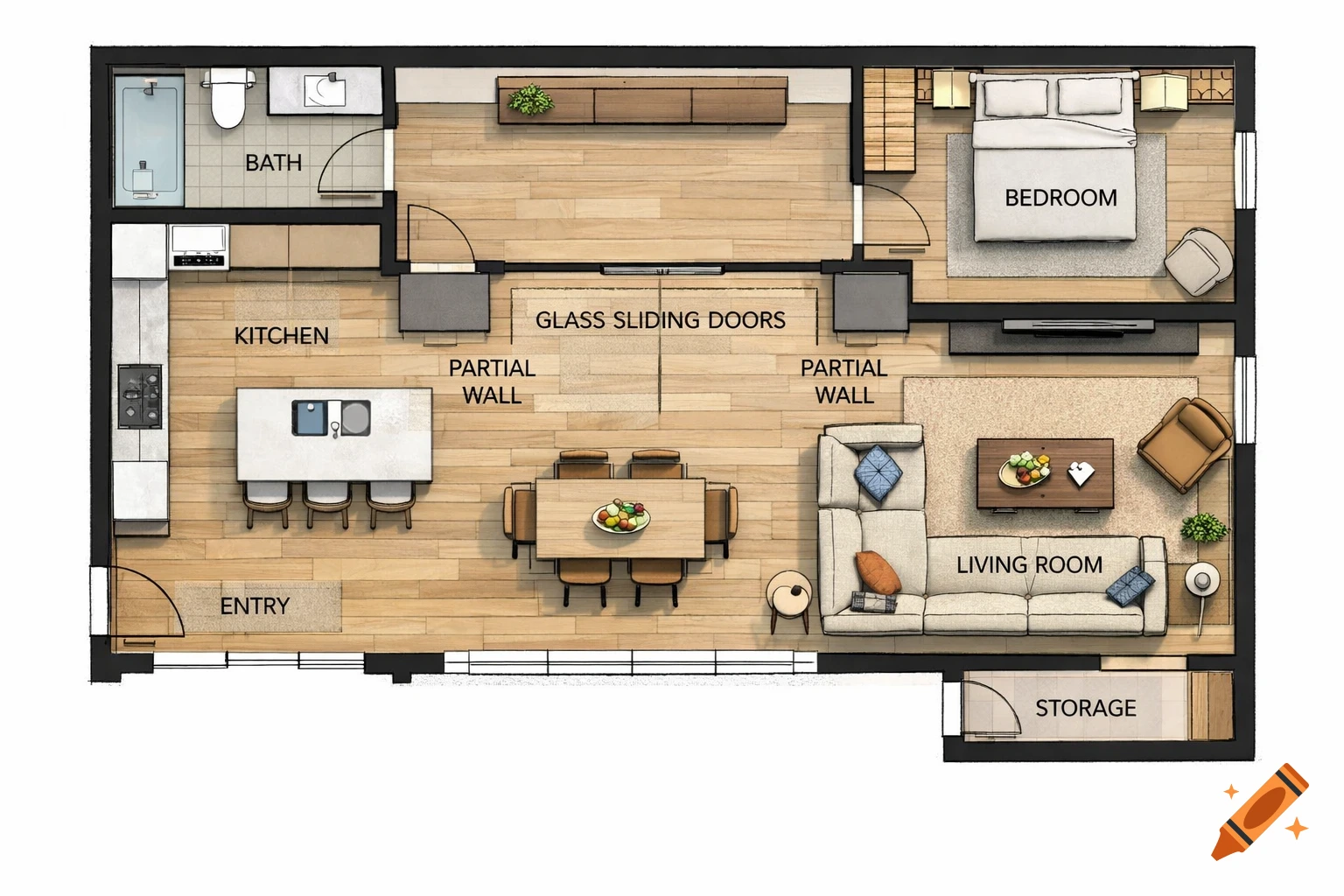 Detailed overhead view of a modern apartment floor plan with kitchen, living room, bedroom, and bathroom, separated by glass sliding doors.