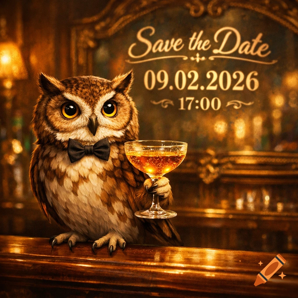 An anthropomorphic owl wearing a bow tie sits at a bar, holding a champagne glass. Behind it, a "Save the Date" sign displays the date 09.02.2026 and time 17:00.