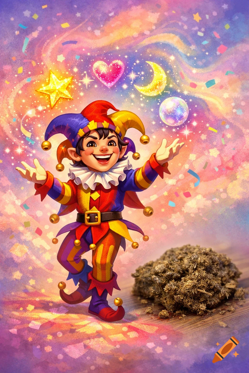 A cheerful cartoon jester in a colorful outfit with bells, standing next to a pile of dried cannabis on a starry, magical background.
