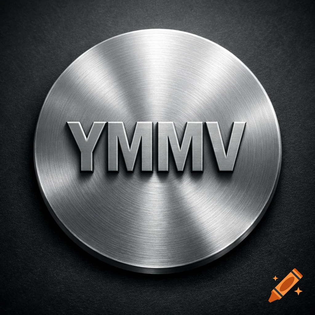 A 3D circular brushed metal disk with the embossed letters YMMV in the center.