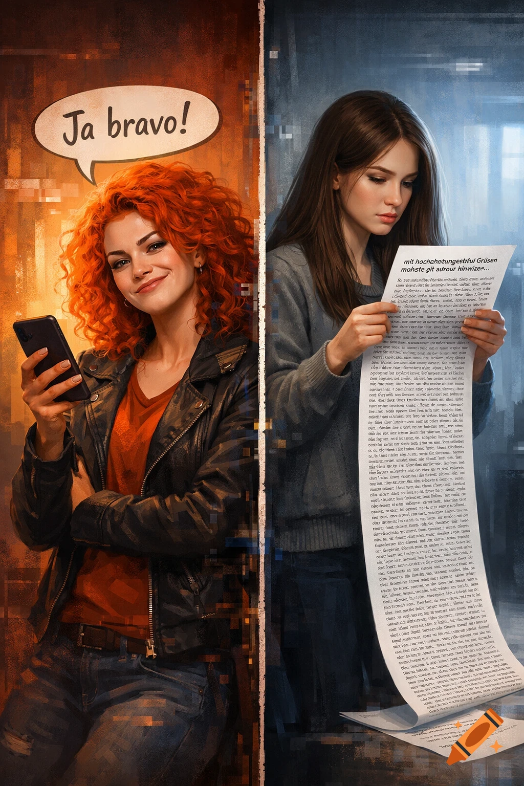 Digital illustration of two women separated by a line. A red-haired woman with a phone smiles with a "Ja bravo!" speech bubble on the left, opposite a brown-haired woman reading a long scroll of text on the right.