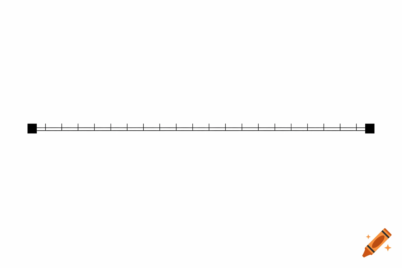 A minimalist black and white technical diagram showing a horizontal bar with regularly spaced vertical marks and highlighted black square ends.