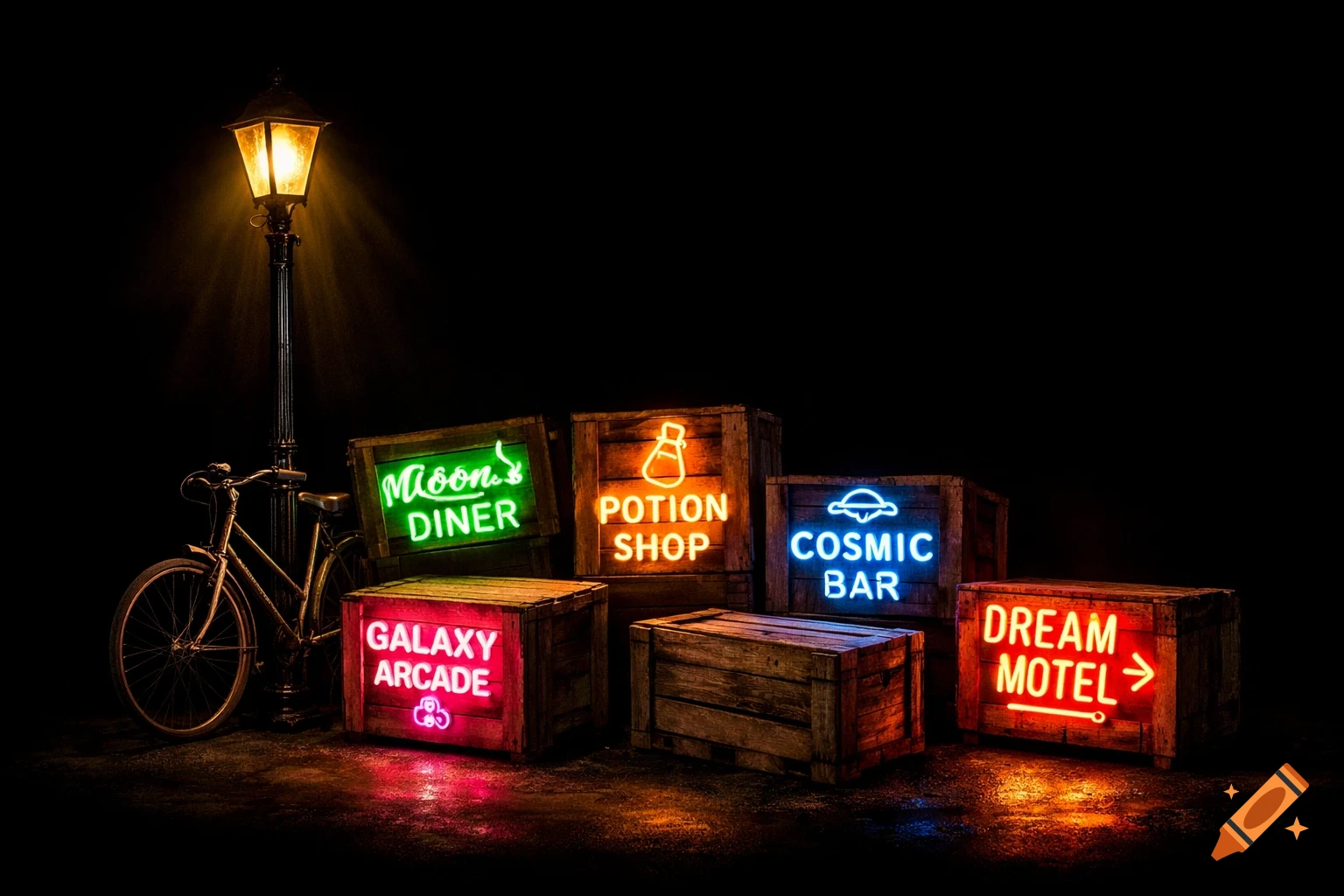Glowing neon signs on wooden crates next to a streetlamp and bicycle in a dark, urban setting.