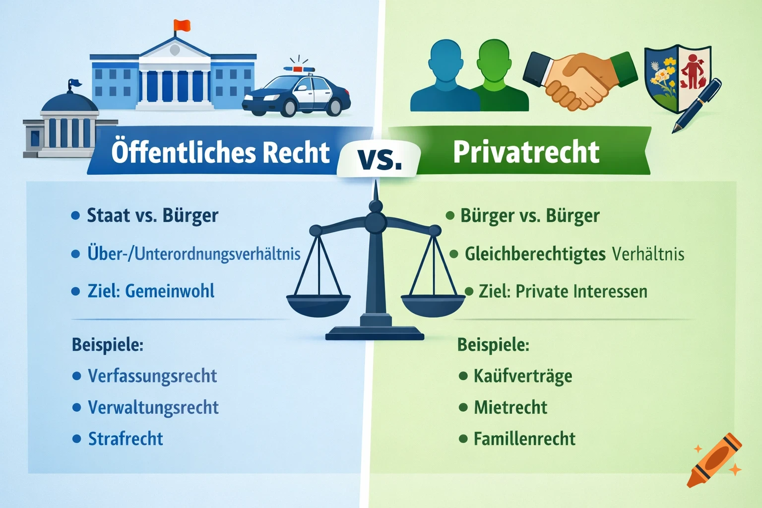 An infographic titled "Öffentliches Recht vs. Privatrecht" (Public Law vs. Private Law). The left blue side shows symbols of government and police, listing characteristics of public law. The right green side shows symbols of people and a handshake, listing characteristics of private law. A scale of justice is in the center.