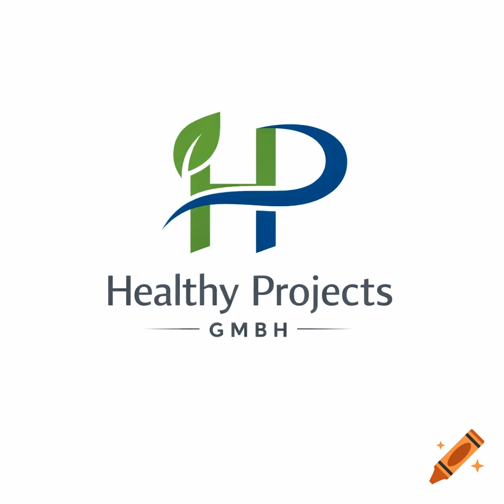 Logo with a green stylized H and a blue stylized P, featuring a green leaf and a blue wave. Text reads 'Healthy Projects GmbH'.