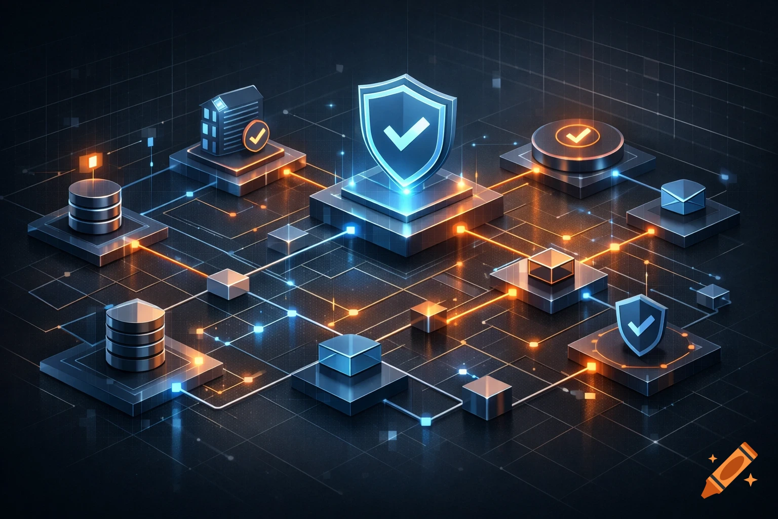 Futuristic digital network with glowing blue and orange lines connecting abstract data nodes, servers, and security shields on a dark grid.