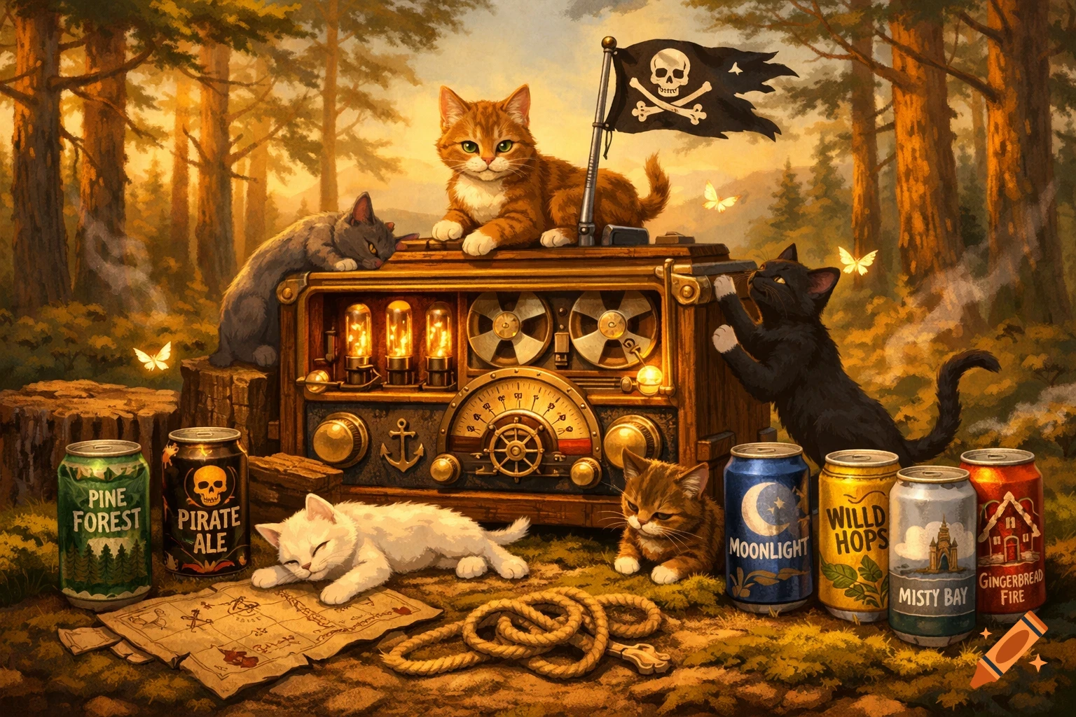 Digital painting of five cartoon cats around a pirate radio in a sunset forest with beer cans, a treasure map, and a pirate flag.