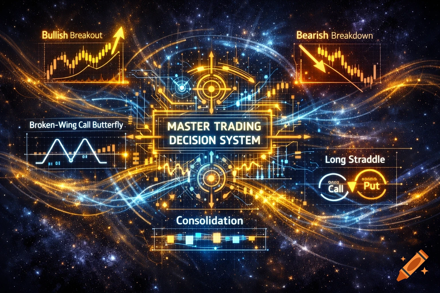 A glowing, futuristic diagram of a 'MASTER TRADING DECISION SYSTEM' in space, surrounded by circuit patterns and charts for 'Bullish Breakout,' 'Bearish Breakdown,' 'Broken-Wing Call Butterfly,' 'Long Straddle,' and 'Consolidation' strategies.
