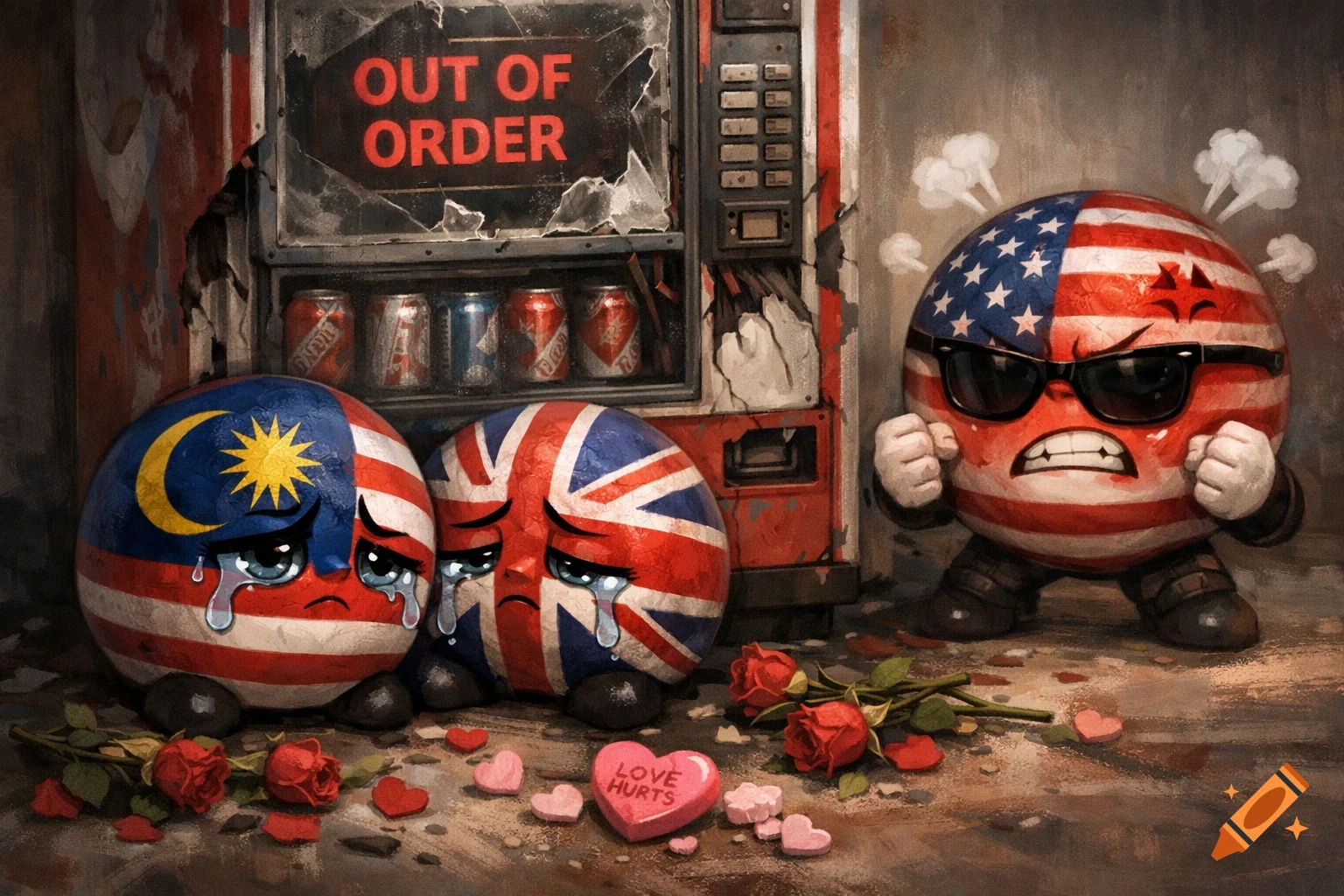 An angry USA countryball next to a broken soda machine, while crying Malaysia and UK countryballs sit nearby with scattered roses and a 'LOVE HURTS' candy.