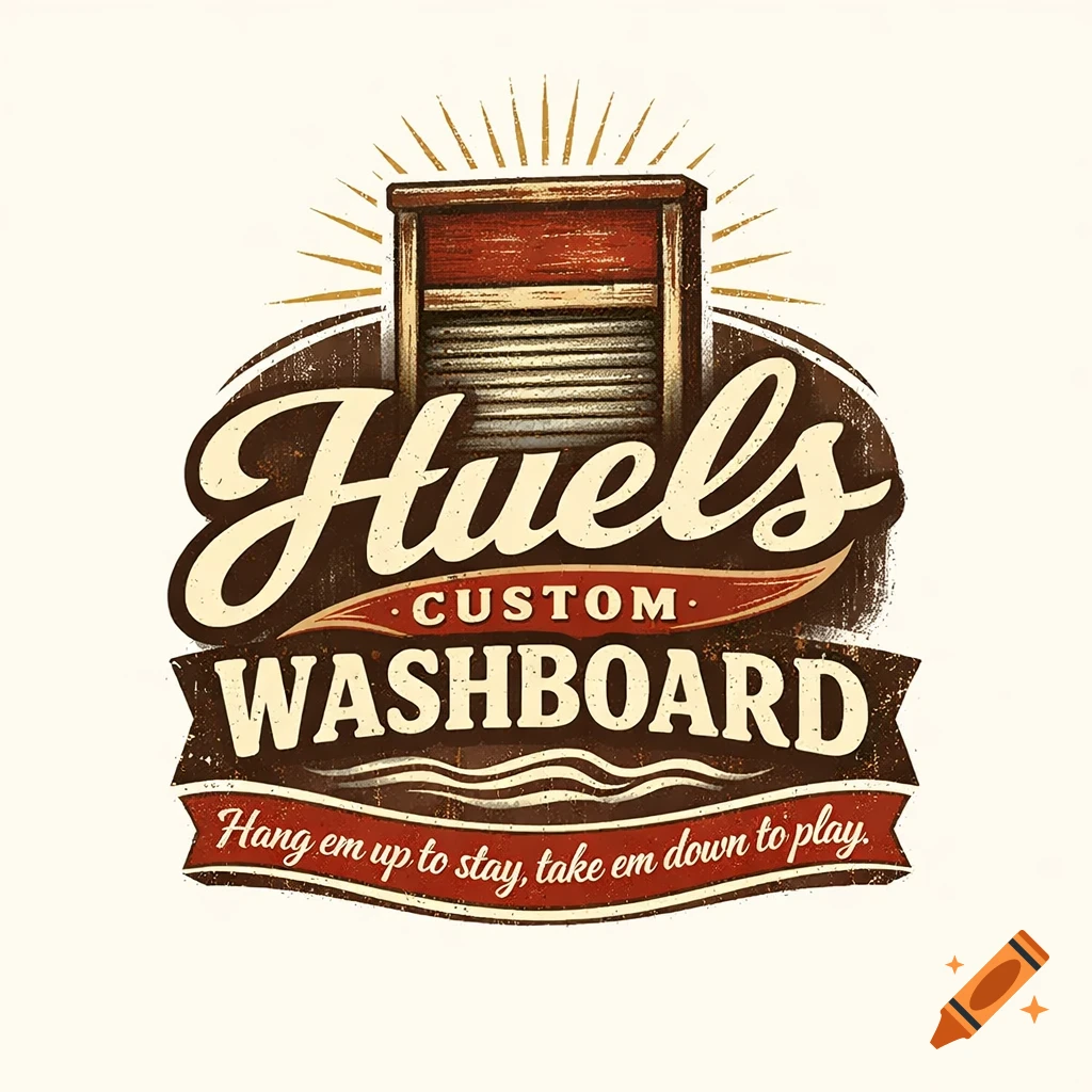 Vintage-style logo for Huels Custom Washboard, featuring a washboard and text 'Hang em up to stay, take em down to play'.