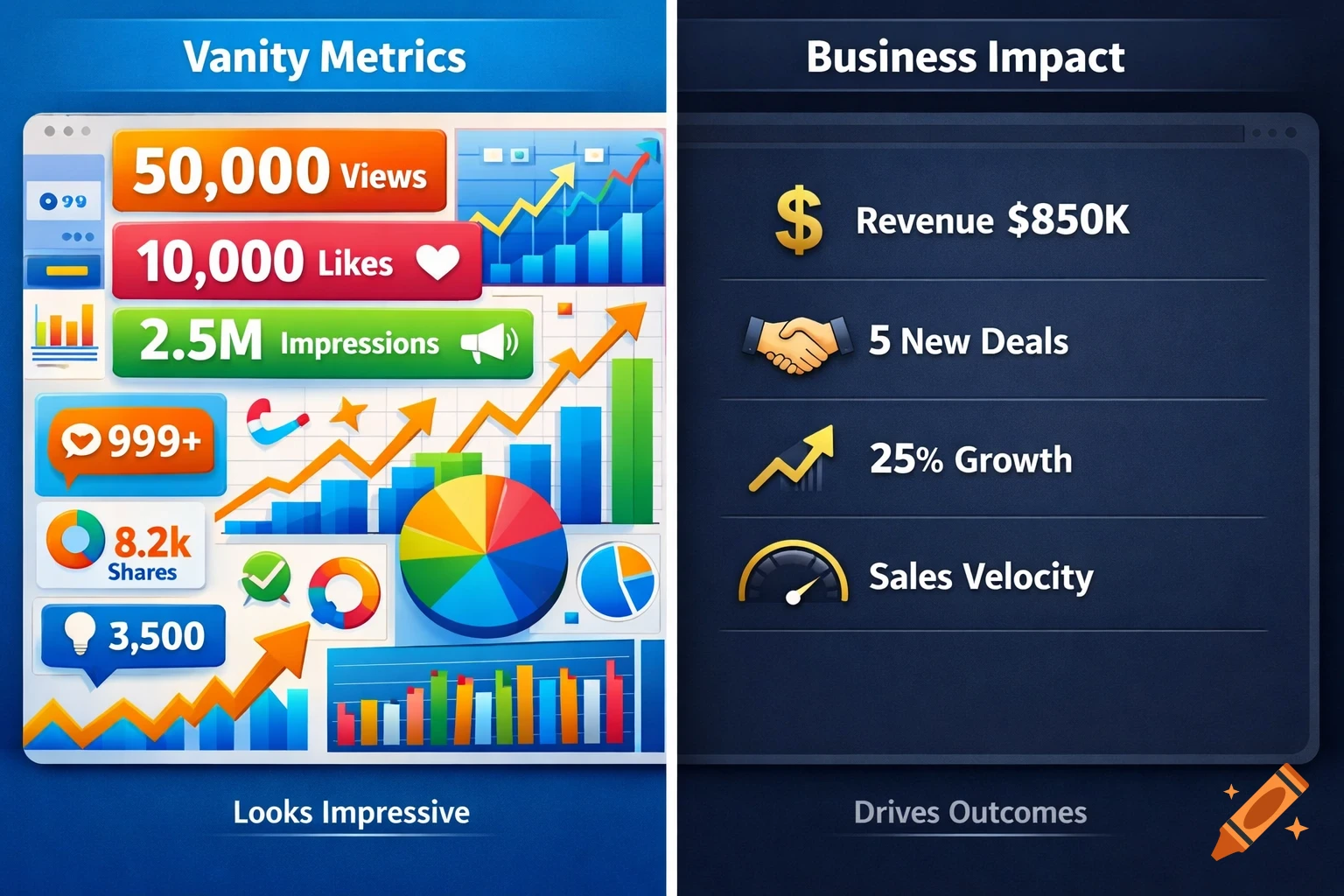 Split-screen dashboard comparing 'Vanity Metrics' with colorful charts and high numbers on the left, to 'Business Impact' with key metrics like revenue and growth on a dark, minimal interface on the right.