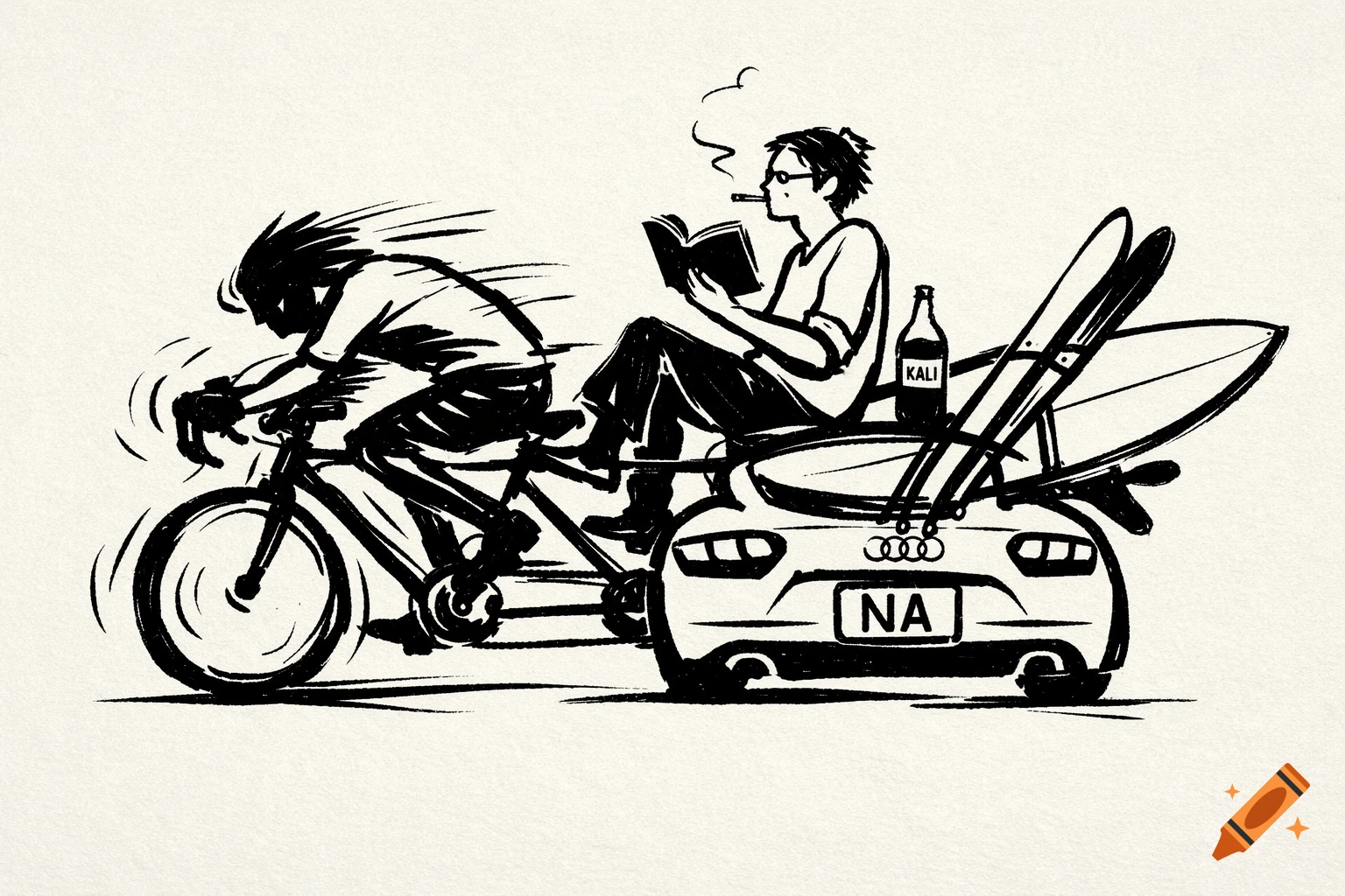 A black and white sketch depicts two people on a tandem bike. The front rider pedals intensely, while the back rider, smoking and reading, sits casually. Skis and a surfboard are strapped to the back of the tandem, which resembles an Audi with a license plate 'NA'.