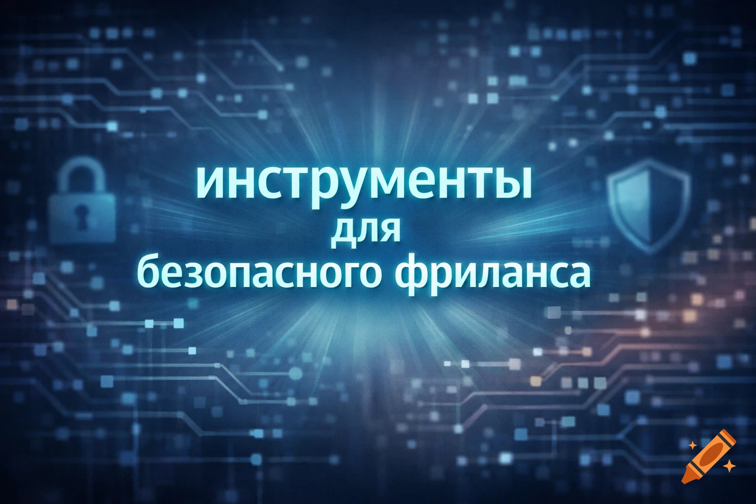 Blue background with glowing circuit patterns, a padlock, a shield, and white Russian text 'tools for safe freelancing'.