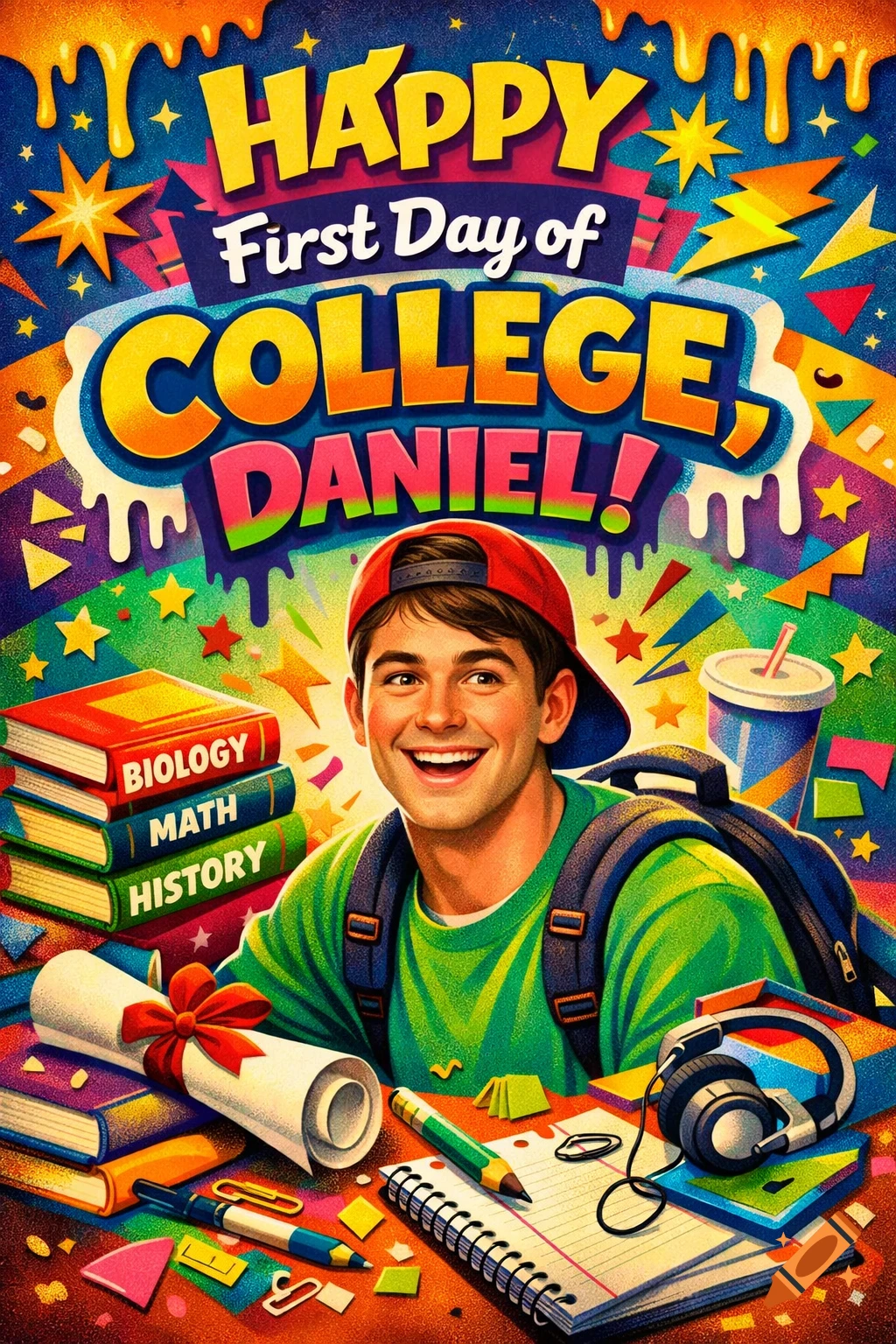 Vibrant cartoon of a smiling college student, Daniel, with books and 'Happy First Day of College' text.