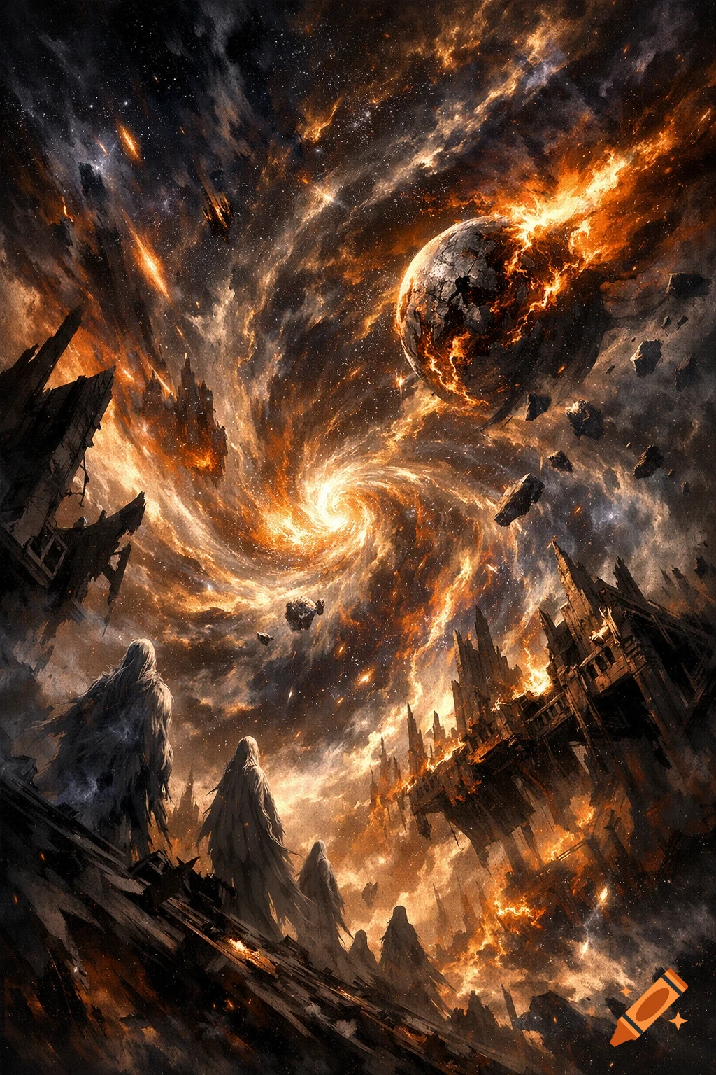 Cloaked figures stand on crumbling terrain, gazing at a fiery planet being consumed by a cosmic vortex in a dark, epic fantasy scene.