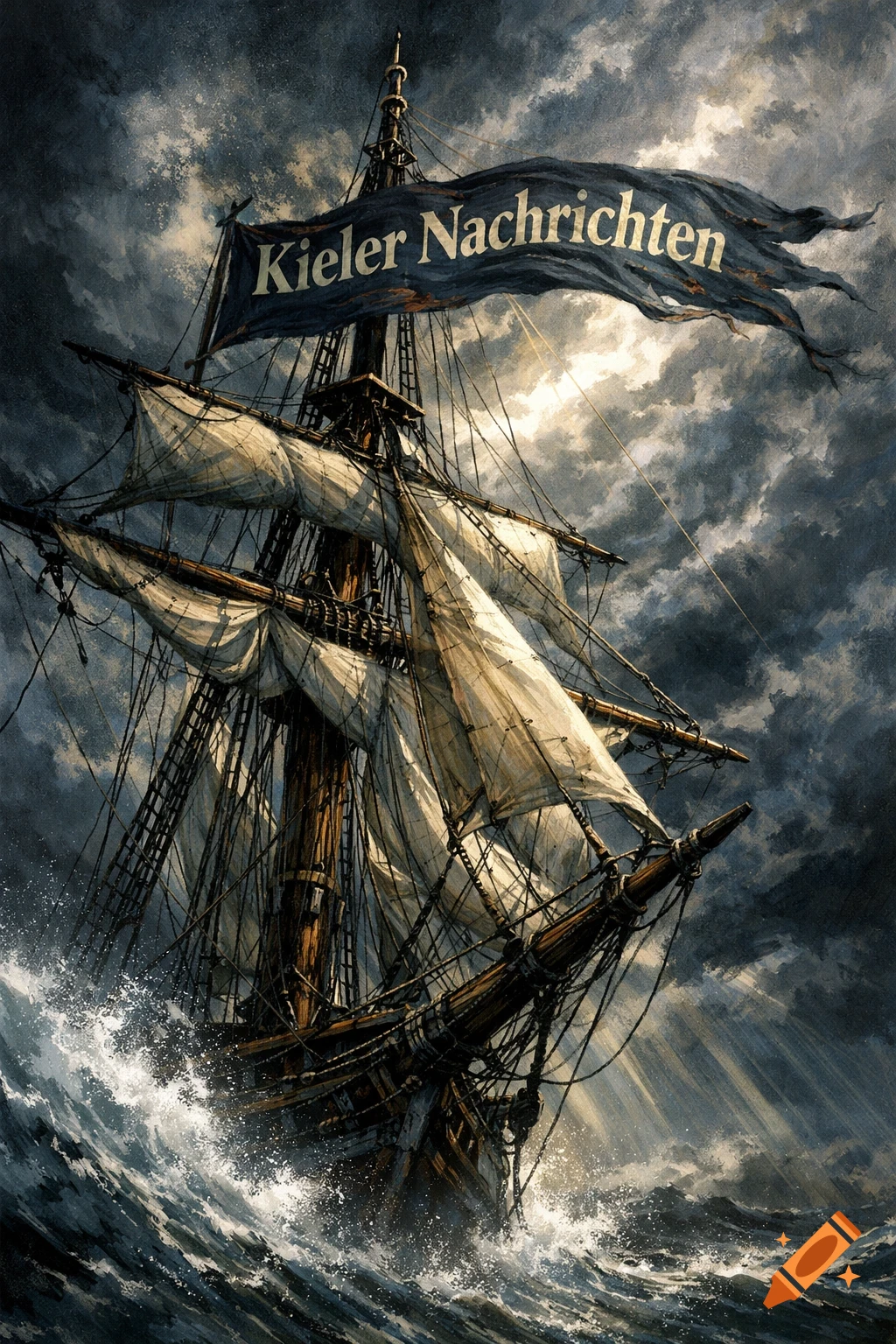 A dramatic painting of a tall ship battling a stormy sea under dark clouds, a banner displaying 'Kieler Nachrichten' fluttering.