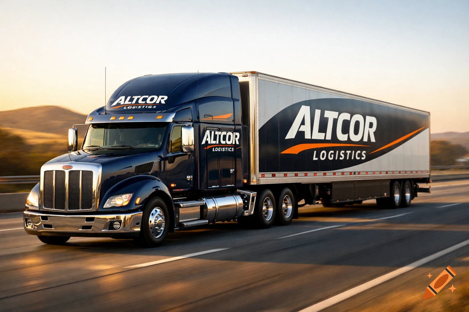 A blue Altcor Logistics semi-truck with a white trailer drives on a highway at sunset.