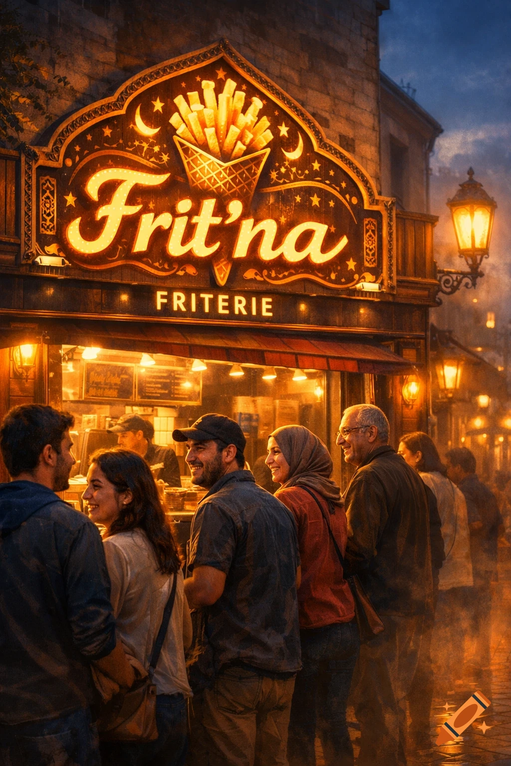 A brightly lit fritterie sign 'Frit'na' at night, with a queue of smiling customers outside in a golden glow.