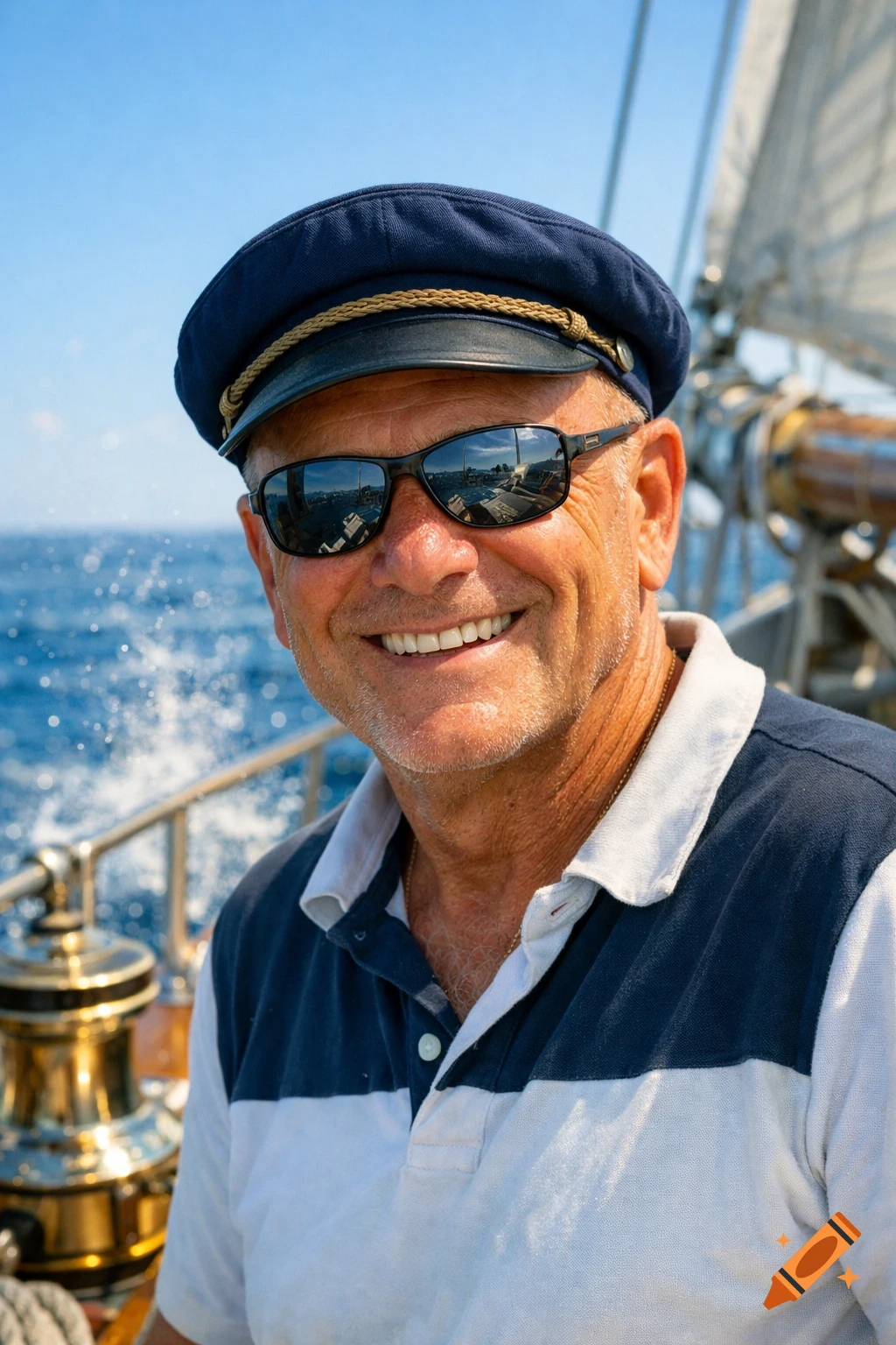A photorealistic portrait of a smiling man wearing a captain's hat and sunglasses on a sailboat at sea.