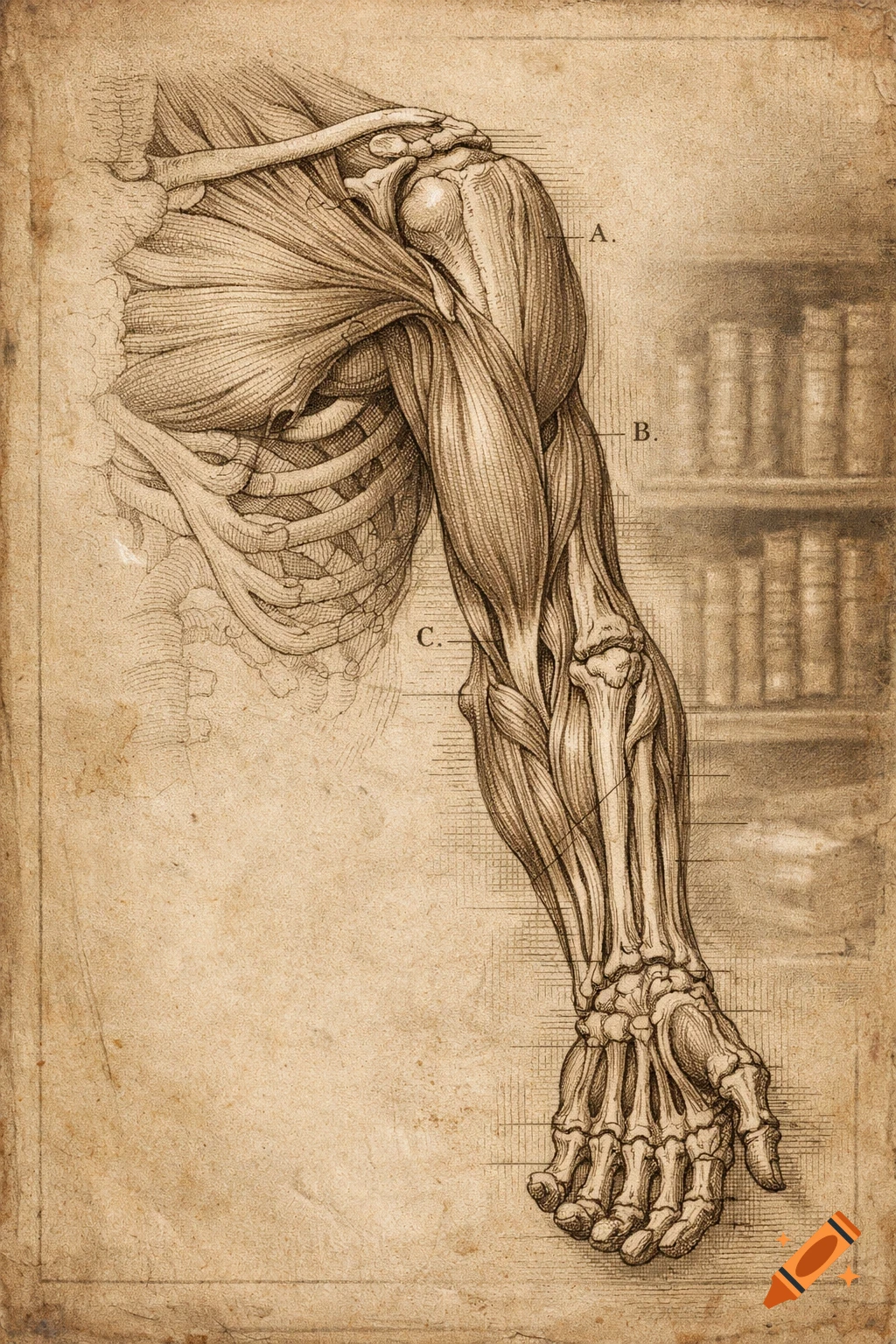 Detailed sepia-toned anatomical drawing of a human arm, shoulder, and ribcage showing muscles and bones on aged paper.