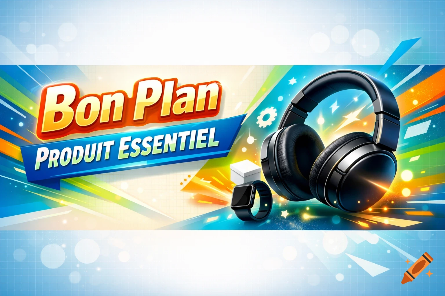 Vibrant 'Bon Plan PRODUIT ESSENTIEL' banner with black headphones and a smartwatch on a colorful background.