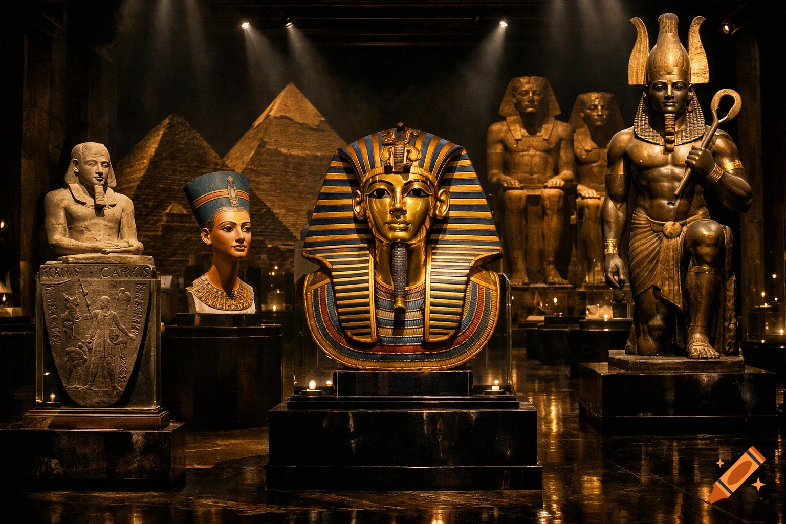 A photorealistic image of ancient Egyptian artifacts, including Tutankhamun's mask, Nefertiti's bust, and statues, displayed in a dimly lit museum with pyramids in the background.
