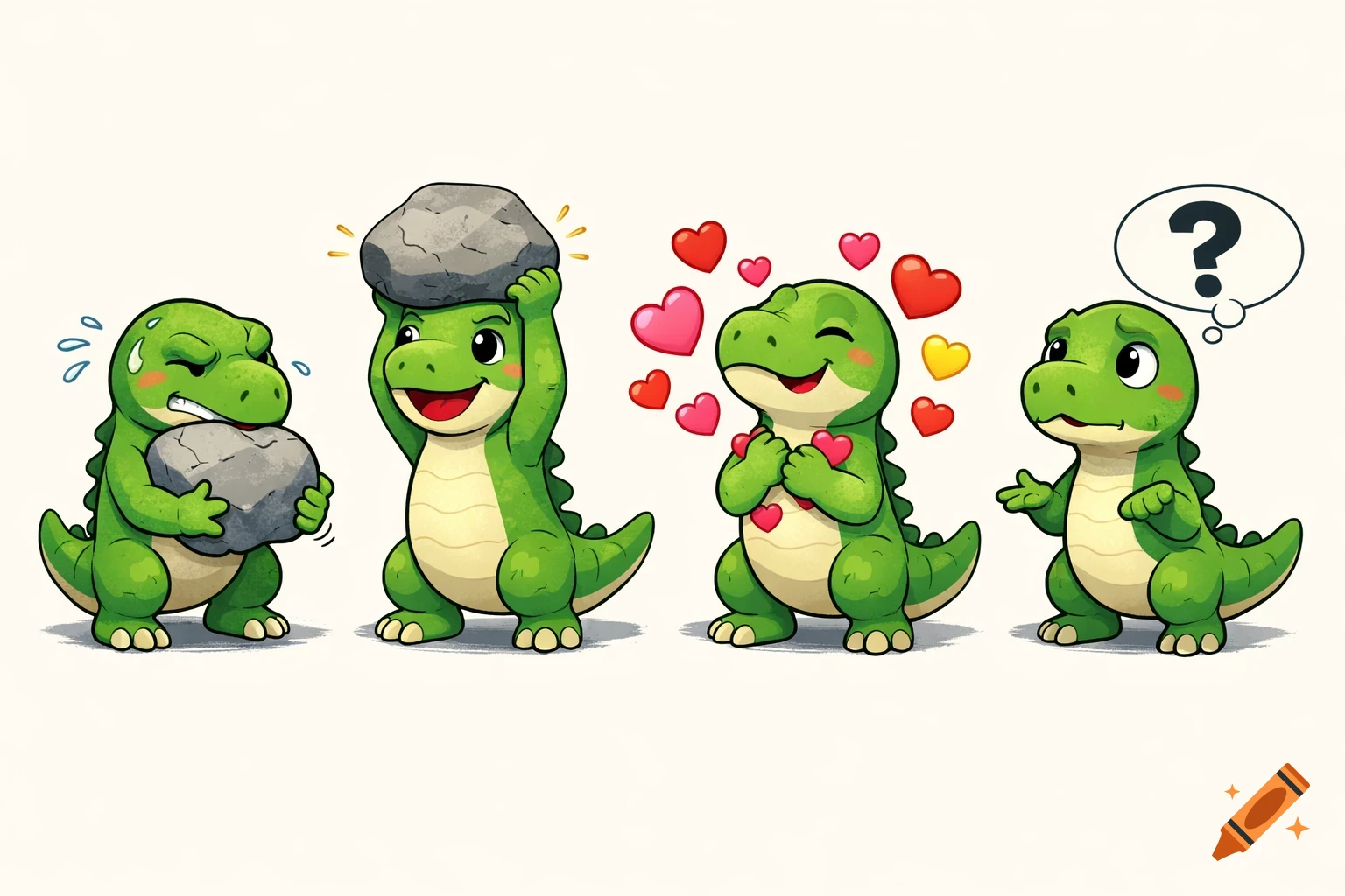 Four green cartoon dinosaurs showing different emotions: one struggling with a rock, one proudly lifting a rock, one expressing love with hearts, and one looking confused with a question mark.