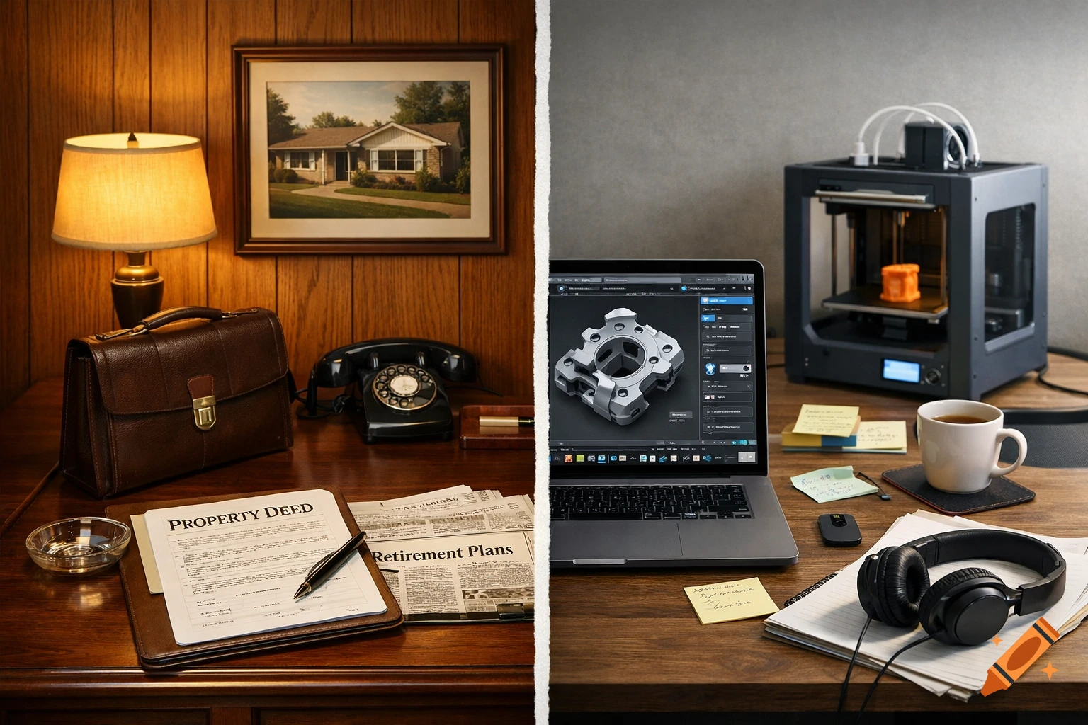 Photorealistic split scene: a vintage 1970s office with a desk, phone, and property deed on the left, and a modern workspace with a laptop and 3D printer on the right.