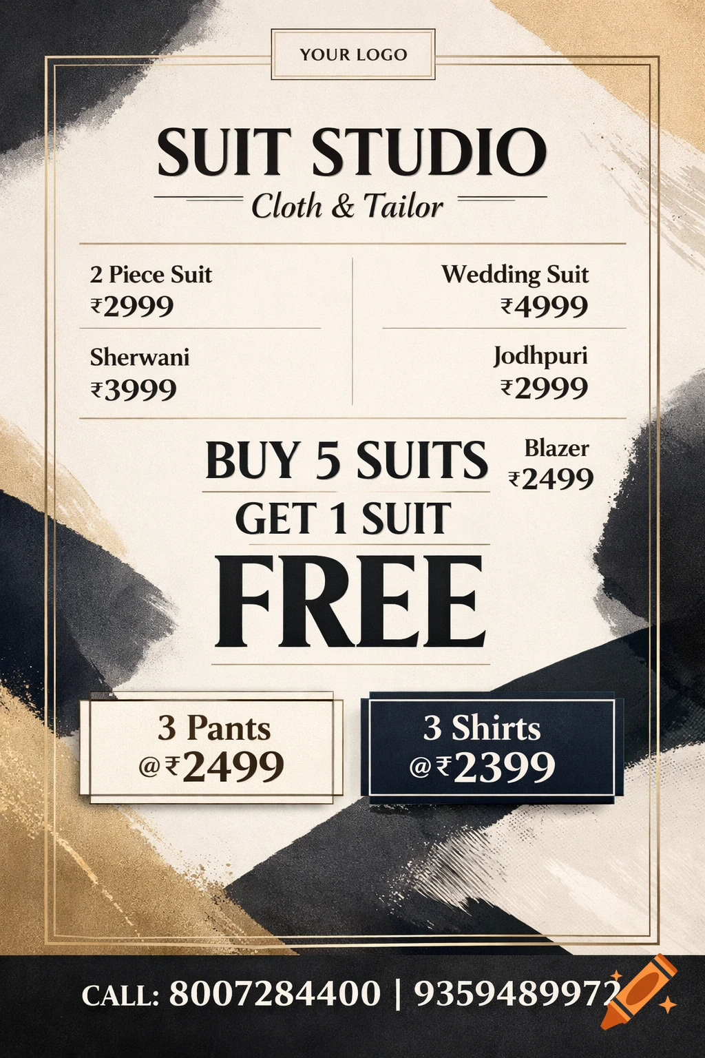 A beige and black promotional poster for Suit Studio, featuring men's tailoring prices, a 'Buy 5 Get 1 Free' offer, and contact details.