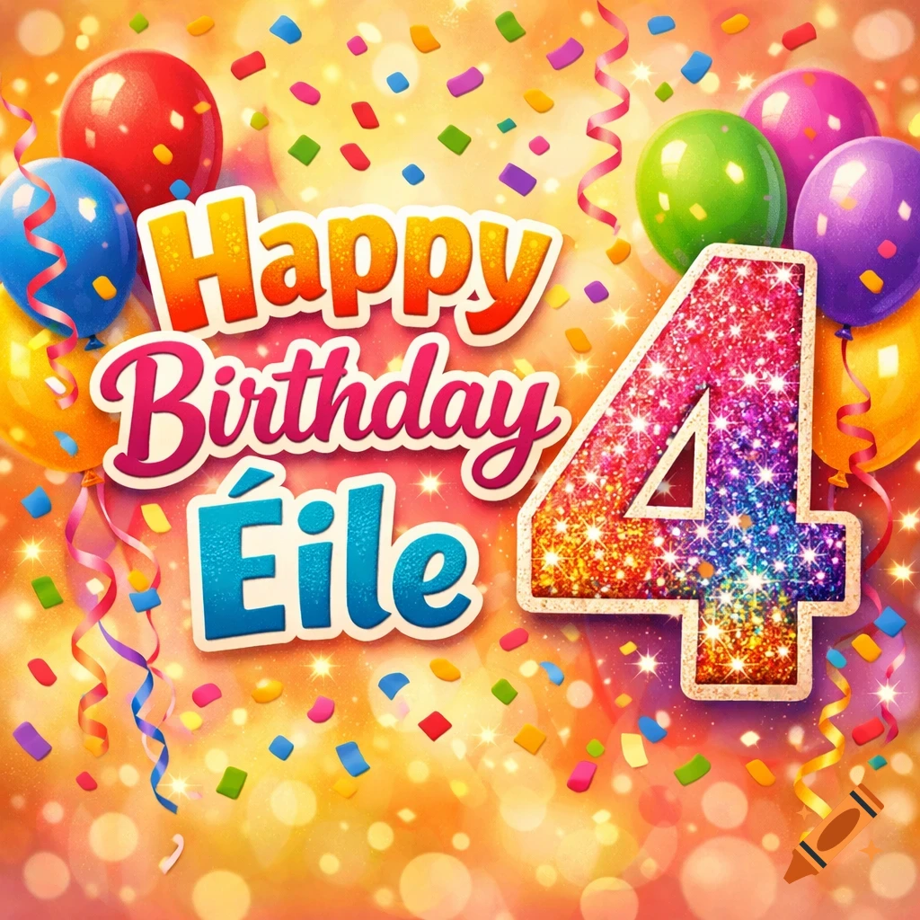Vibrant birthday design with "Happy Birthday Éile" and a glittery number 4, surrounded by colorful balloons and confetti on a bokeh background.