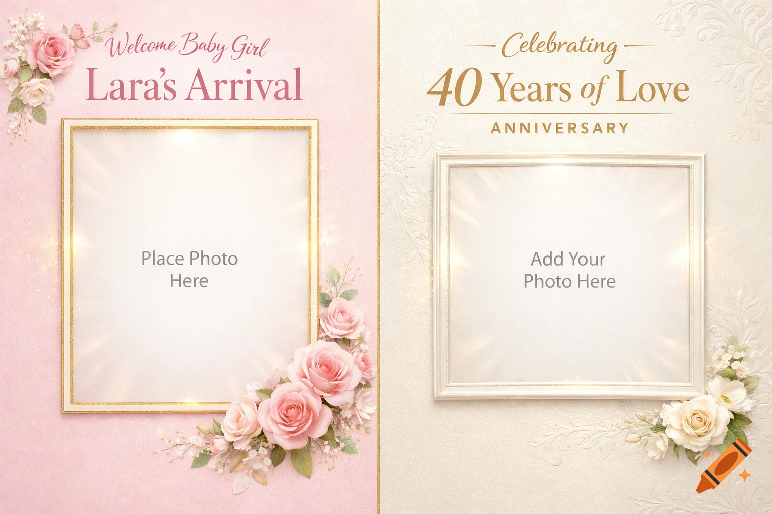 A split invitation with a pink side for "Welcome Baby Girl Lara's Arrival" and a white side for "Celebrating 40 Years of Love ANNIVERSARY." Both sides feature decorative frames with placeholder text "Place Photo Here" and "Add Your Photo Here" surrounded by pink and cream roses respectively.
