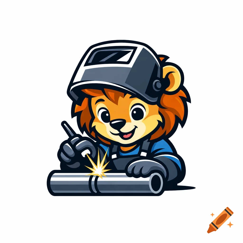 A cute, Disney-style cartoon lion wearing a welding mask, TIG welding a pipe. Minimalist vector art on a white background.