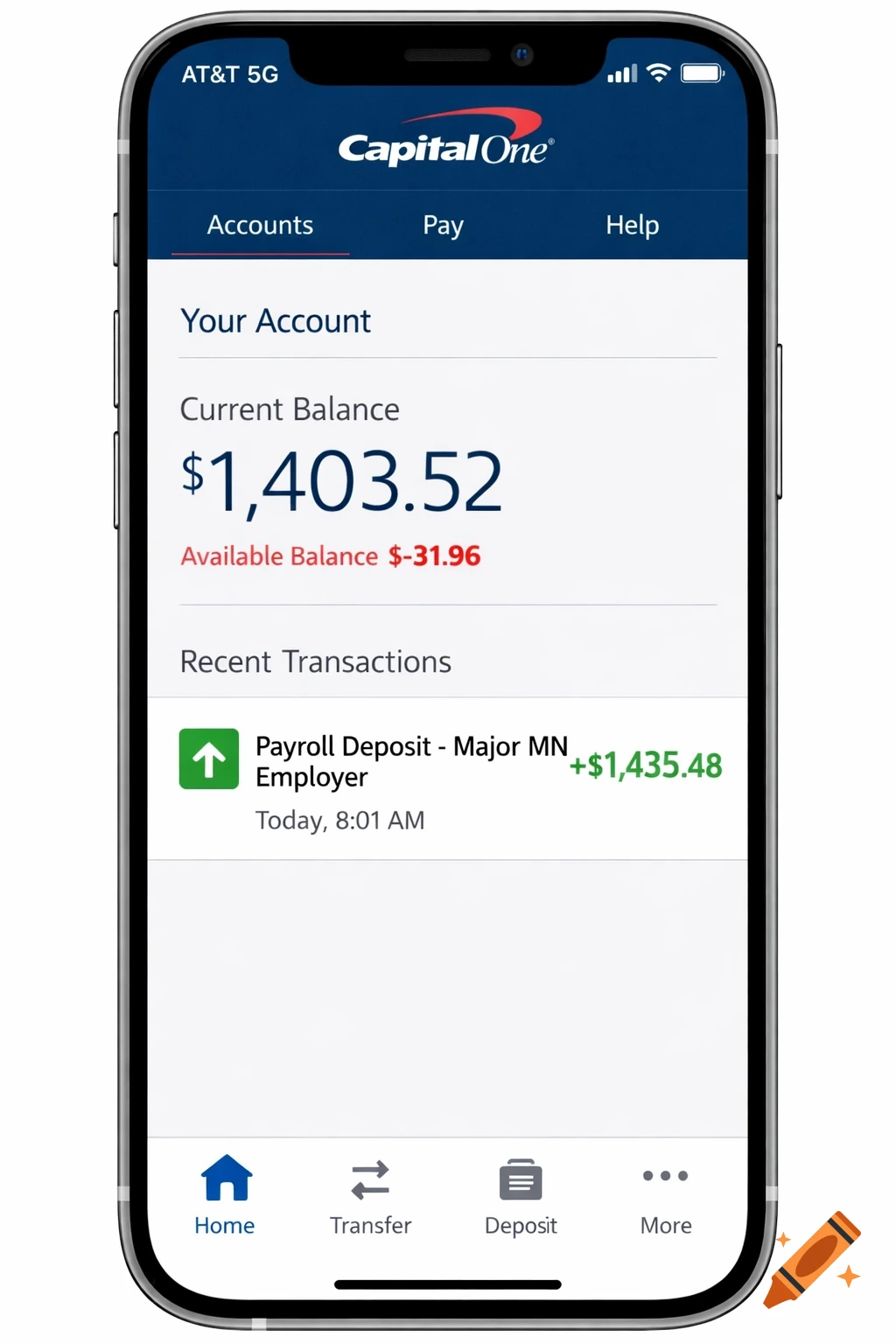 Capital One mobile banking app screenshot showing a current balance of $1,403.52 and a recent payroll deposit.