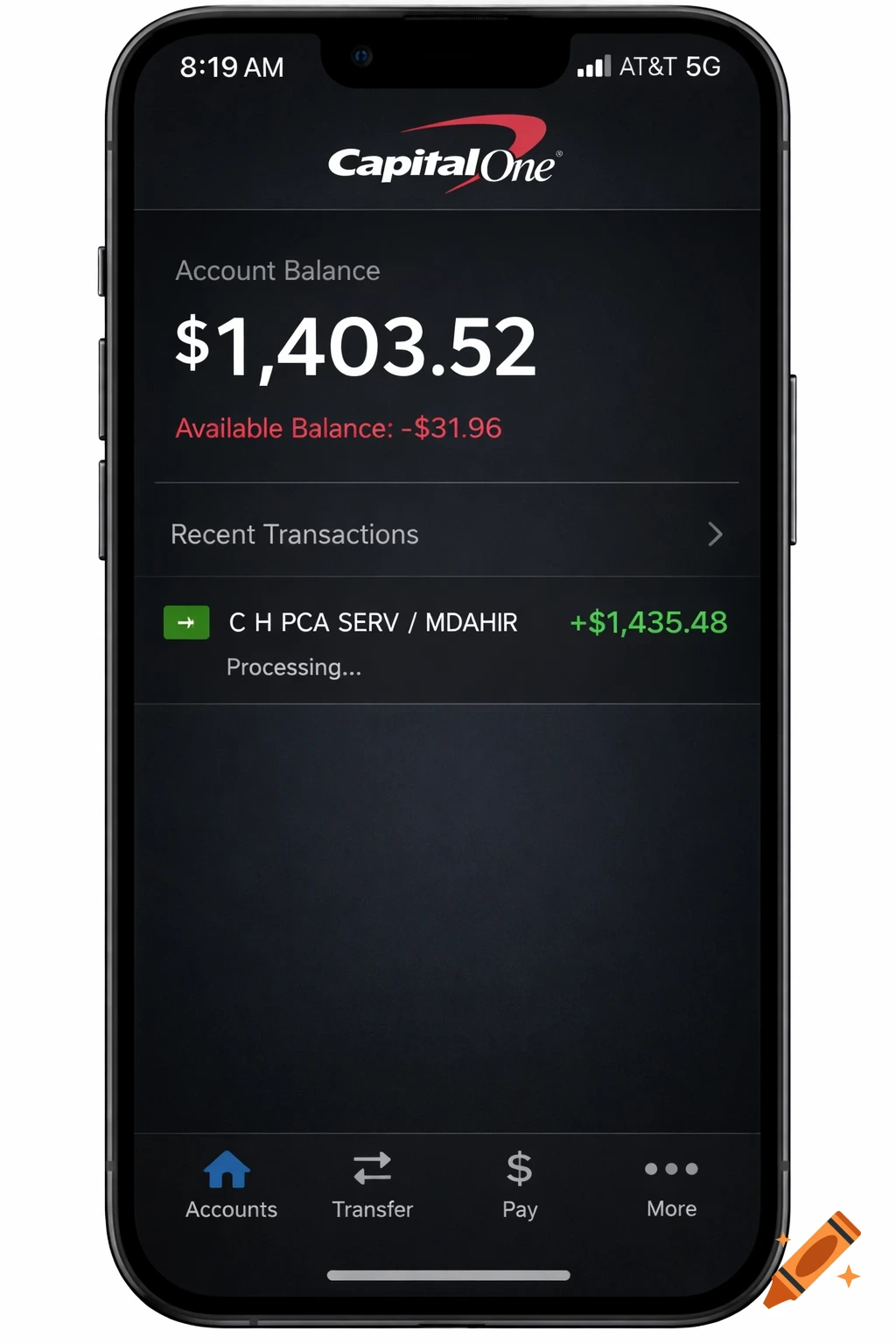 Screenshot of a Capital One mobile banking app on an iPhone, showing an account balance of $1,403.52 and a recent processing transaction of +$1,435.48.