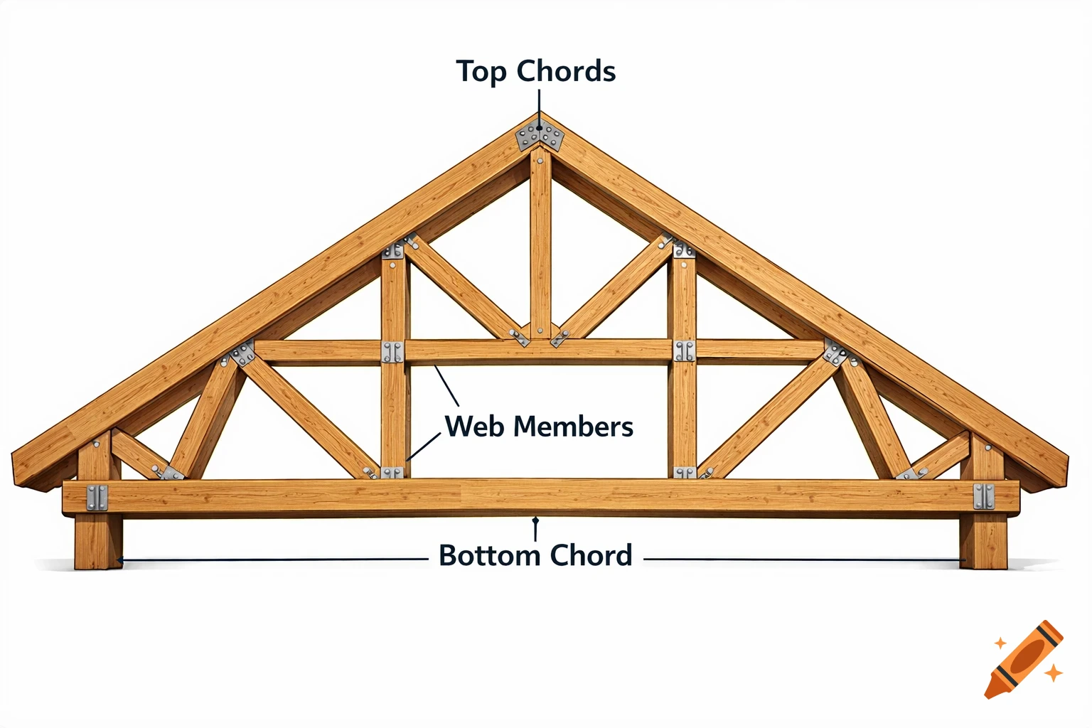 Diagram of a wooden roof truss, labeled with top chords, web members, and bottom chord.