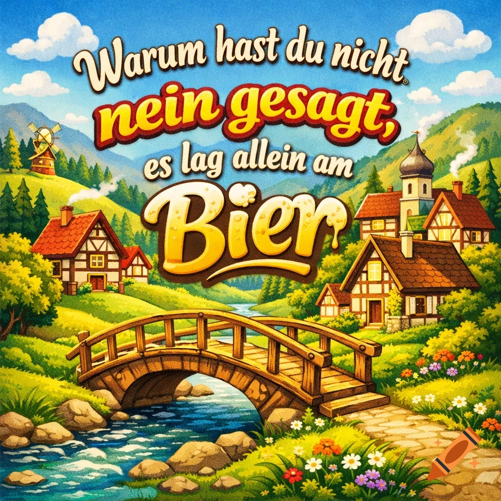 Vibrant cartoon illustration of a German village with a bridge over a flowing river, houses on green hills, and the text 'Warum hast du nicht nein gesagt, es lag allein am Bier'.