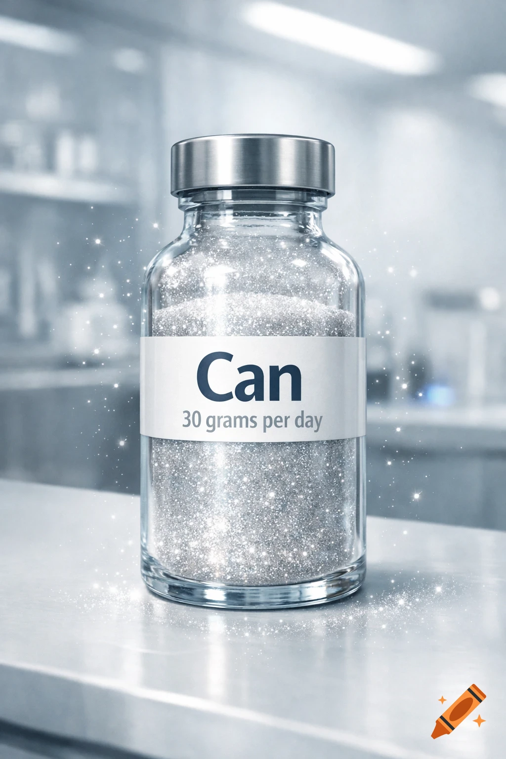 Photorealistic clear glass bottle with a silver cap, filled with sparkling silver glitter, on a reflective surface. Label reads 'Can 30 grams per day'.
