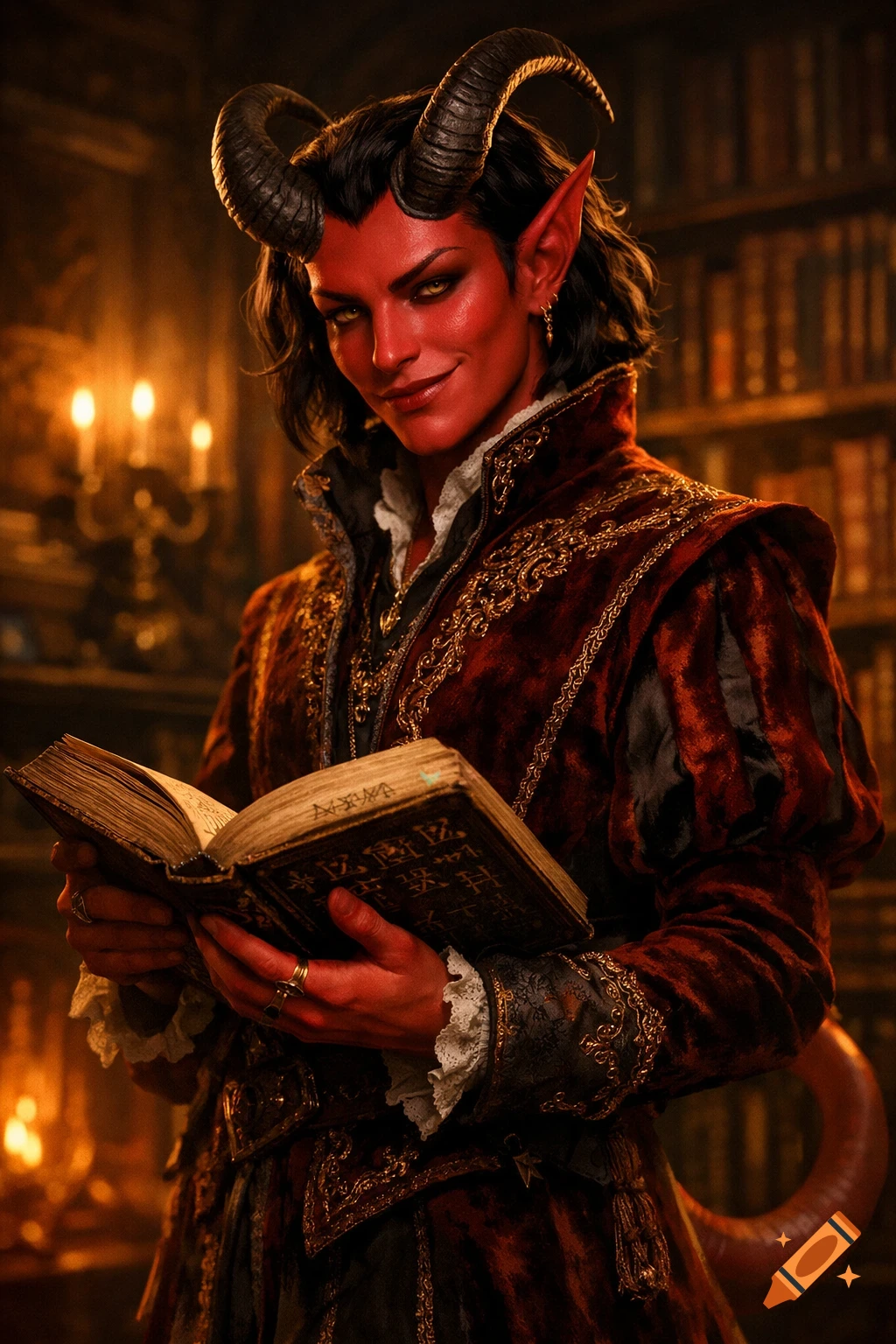 A proud, red-skinned tiefling with horns and a tail, dressed in ornate noble attire, reads an open book in a dimly lit library.