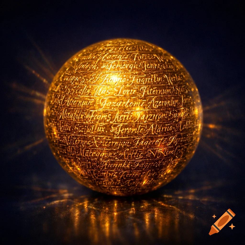 A glowing golden spherical orb covered in intricate, stylized etched writing and radiating light rays.