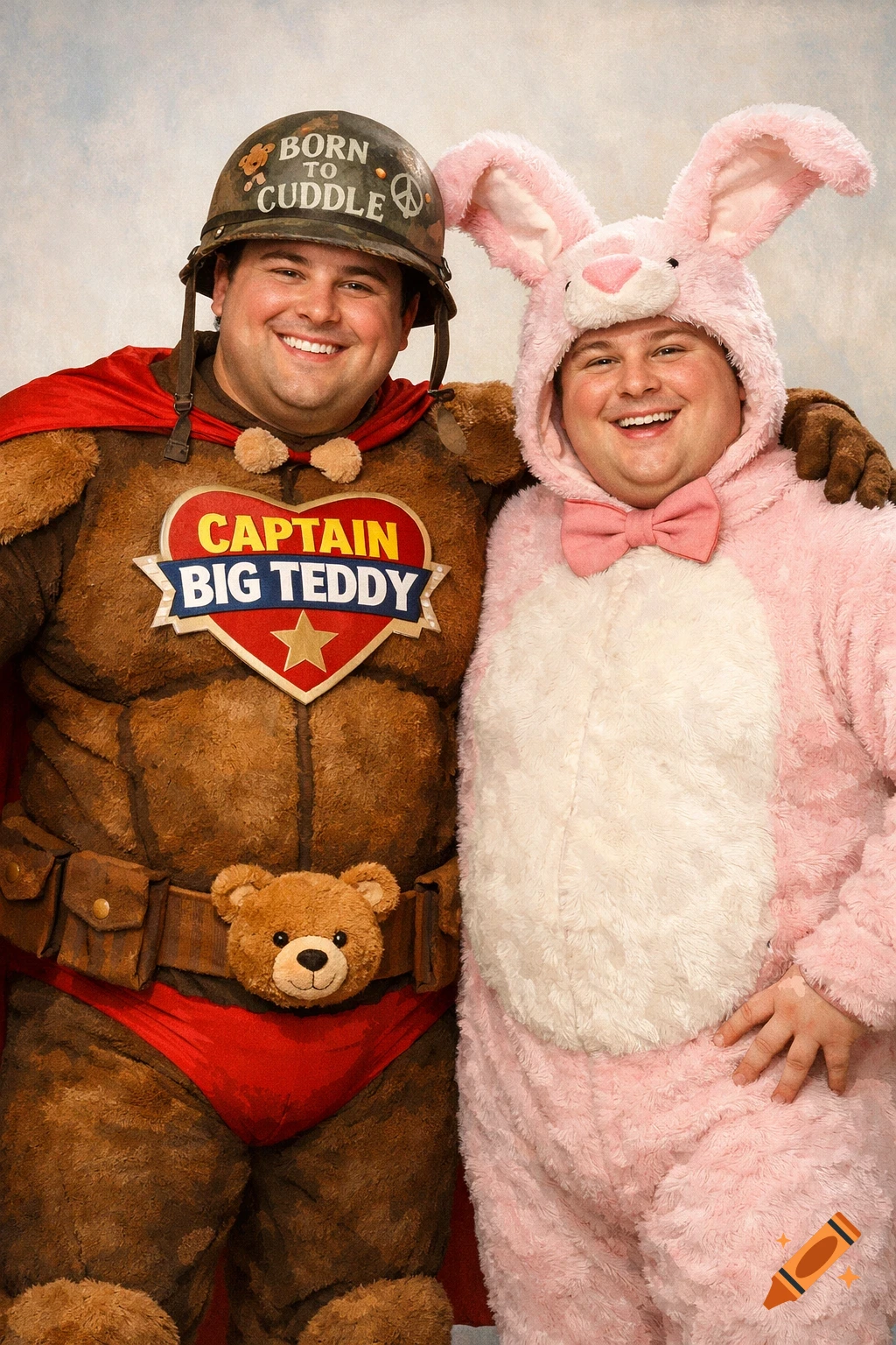 Two smiling men, one in a teddy bear superhero costume with 'Captain Big Teddy' on his chest, and another in a pink bunny costume, stand together.